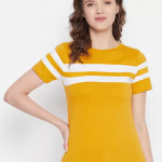 Striped Women Round Neck Yellow T-Shirt