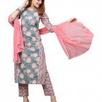 Women's Cotton Blend Printed Straight Kurta with Pant & Dupatta