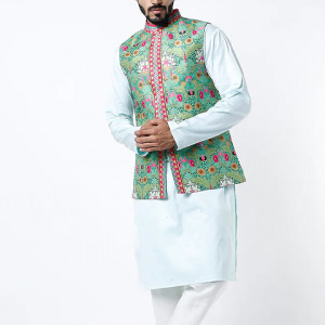 Sea Green Kurta Set With Bundi Jacket