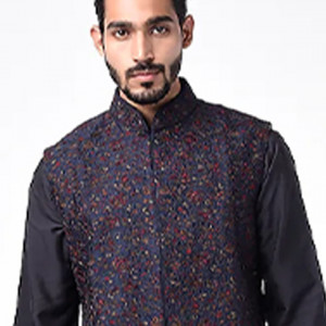 Midnight Blue Kurta Set With Nehru Jacket