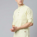 Men Lime Green Solid Straight Pure Cotton Short Kurta