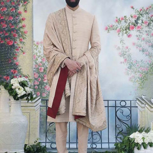 Beige Embroidered Hand-Weaved Sherwani Set