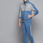 Men Blue & Grey Melange Colourblocked Sports Tracksuit