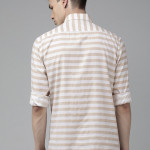 Men Beige & White Original Slim Fit Striped Pure Cotton Casual Shirt